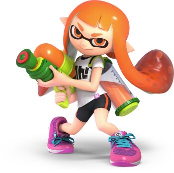 1girl 3d absurdres bare_arms bike_shorts eye_mask full_body gradient_hair highres holding holding_weapon ink_tank_(splatoon) inkling inkling_girl inkling_player_character kaori_(splatoon) long_hair looking_at_viewer mask multicolored_hair nintendo official_art orange_eyes orange_hair pink_shoes shirt shoelaces shoes short_eyebrows short_hair_with_long_locks sidelocks smile sneakers solo splatoon_(series) splatoon_1 splattershot_(splatoon) spotted_hair standing suction_cups super_smash_bros. t-shirt tentacle_hair thick_eyebrows transparent_background two-tone_hair v-shaped_eyebrows weapon white_shirt