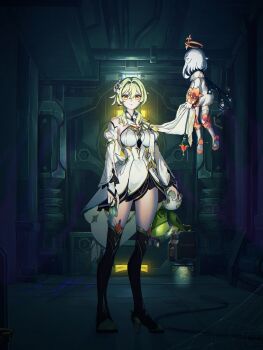 Rule 34 | 2girls, absurdres, bare shoulders, blonde hair, boots, breasts, brown boots, card, closed mouth, clothes grab, commentary request, detached sleeves, door, dress, earrings, expressionless, floating, flower, full body, genshin impact, hair between eyes, hair flower, hair ornament, halo, high heel boots, high heels, highres, holding, holding card, in-universe location, indoors, jewelry, keycard, long hair, long sleeves, looking at another, looking at viewer, lumine (as heaven and earth are made anew) (genshin impact), lumine (genshin impact), medium breasts, multiple girls, neckwear grab, nmaywo, official alternate costume, paimon (genshin impact), romper, scarf, scarf grab, short hair with long locks, single earring, thigh boots, vault door, white dress, white hair, white romper, white scarf, yellow eyes