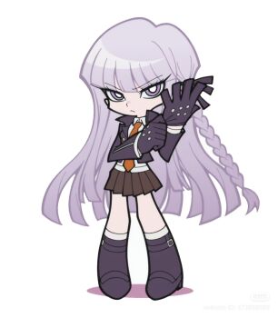 1girl artist_request belt_boots black_boots boots braid brown_skirt commentary danganronpa:_trigger_happy_havoc danganronpa_(series) gloves highres jacket kirigiri_kyoko necktie open_clothes open_jacket panty_&amp;_stocking_with_garterbelt panty_&amp;_stocking_with_garterbelt_(style) pulling_own_clothes purple_eyes purple_hair single_braid skirt solo white_background