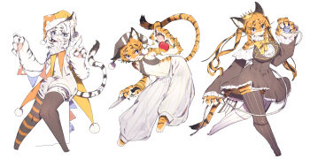 3girls absurdres animal_ear_fluff animal_hands apple armlet blue_eyes body_fur bow bowtie brown_dress brown_thighhighs claws clothing_cutout commentary_request crown dress food frilled_dress frilled_sleeves frills fruit full_body furry furry_female grin hat highres holding holding_knife index_finger_raised jester jester_cap jewelry kaganoi_(nemi_ze) knife long_hair looking_at_viewer medium_hair mini_crown multiple_girls neck_ruff orange_fur orange_hair original panties puffy_pants sharp_teeth short_hair shoulder_cutout simple_background smile string_of_flags striped_clothes striped_hair striped_thighhighs tail tape_measure teeth thighhighs tiger_girl twintails underwear very_long_hair whiskers white_background white_fur white_hair white_panties yellow_bow yellow_bowtie