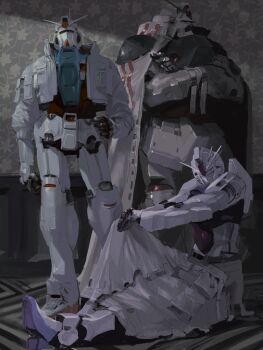 against_wall anaheim_electronics arm_at_side clothed_robot commentary_request cropped_jacket crossed_arms grey_cloak grey_jacket grey_skirt gundam gundam_0083 gundam_gp-01_zephyranthes gundam_gp-02_physalis gundam_gp-03_stamen hand_on_own_hip highres indoors jacket knee_up long_skirt looking_at_viewer looking_to_the_side mecha mecha_focus mobile_suit no_humans on_floor open_clothes open_jacket radio_antenna rintaro_komori robot science_fiction shade sitting skirt standing three-quarter_sleeves v-fin wallpaper_(object)