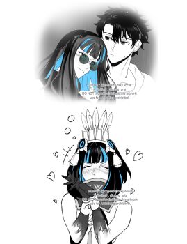 1boy 1girl artist_name bare_shoulders black_hair blood blood_on_hands blue_hair blush chee_arts closed_eyes commentary_request fate/grand_order fate_(series) fujimaru_ritsuka_(male) glasses heart hetero imagining long_hair multicolored_hair own_hands_together rain short_hair sunglasses tenochtitlan_(fate) tenochtitlan_(first_ascension)_(fate) tenochtitlan_(second_ascension)_(fate) two-tone_hair watermark web_address wet