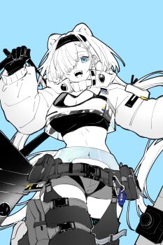 1girl :d animal_ears arknights arknights:_endfield arm_up aurora_(arknights) blue_background blue_eyes chinese_commentary commentary_request cowboy_shot crop_top gloves hair_over_one_eye hairband highres infection_monitor_(arknights) long_sleeves looking_at_viewer midriff navel one_eye_covered open_mouth partially_colored piaoliu_ping_ping_ping_pingzi pouch see-through_clothes simple_background smile snowshine_(arknights) solo standing