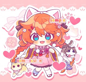 1girl :3 :d animal_ears apron asymmetrical_legwear blue_eyes blue_socks blush braid brown_sandals cat cat_ears cat_girl chibi chibi_only commentary commission drop_shadow fangs full_body hands_up hashtag-only_commentary heart highres inomo_(qimoshu) japanese_clothes kimono long_hair long_sleeves looking_at_viewer mismatched_legwear open_mouth orange_hair original outline paw_pose pink_apron sample_watermark sandals smile socks solo standing twin_braids watermark watermark_grid white_kimono white_outline white_socks wide_sleeves