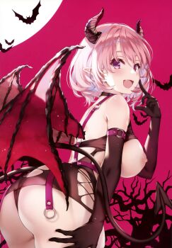 1girl :d absurdres armpit_crease ass bare_tree bat_(animal) black_gloves black_panties breasts cowboy_shot demon_girl demon_horns demon_tail elbow_gloves fang finger_to_cheek from_behind gloves hair_between_eyes hand_on_own_thigh hand_up highres horns large_breasts leaning_forward lingerie looking_at_viewer looking_back misaki_kurehito nipples open_mouth original panties pink_hair pointy_ears purple_eyes red_background red_wings scan short_hair smile solo tail tree underwear wings