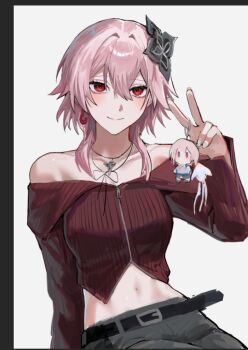 1girl alternate_costume belt breasts character_charm charm_(object) evernight_(honkai:_star_rail) evey_(honkai:_star_rail) flower hair_flower hair_ornament hashtag-only_commentary honkai:_star_rail honkai_(series) jewelry light_smile march_7th_(honkai:_star_rail) medium_breasts midriff_peek navel necklace nongxy_nonshi off_shoulder pants pink_hair red_eyes white_background zipper