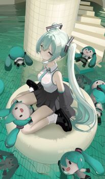 Rule 34 | 1girl, :/, absurdres, afloat, ankle socks, aqua eyes, aqua hair, aqua necktie, backrooms (creepypasta), black shoes, black skirt, black sleeves, breasts, character doll, closed mouth, collared shirt, commentary, crossed bangs, detached sleeves, dleung, doll, double-parted bangs, english commentary, hair between eyes, hair ornament, hatsune miku, highres, indoors, inflatable raft, large breasts, liminal space, long hair, looking at viewer, necktie, pleated skirt, pool, shirt, shoes, sitting, skirt, sleeveless, sleeveless shirt, sleeves past wrists, socks, solo, spiral staircase, stairs, tile floor, tile wall, tiles, twintails, very long hair, vocaloid, wariza, water, wet, wet clothes, wet shirt, white shirt, white socks, wide sleeves