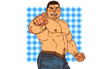 1boy abs armpit_hair bad_source bara belt blush bulge cowboy_shot denim jeans jiraiya_(mangaka) large_pectorals male_focus mature_male muscular muscular_male navel navel_hair nipples original pants pectorals pointing pointing_at_viewer solo sparse_stubble standing stomach strongman_waist thick_eyebrows topless_male