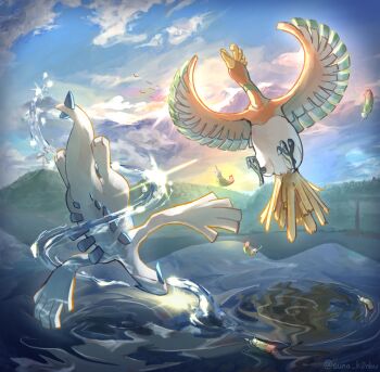 absurdres animal_focus beak bird blue_sky cloud flying gen_2_pokemon highres ho-oh legendary_pokemon lugia nintendo no_humans outdoors pokemon pokemon_(creature) pokemon_focus rainbow_feather_(pokemon) reflection reflective_liquid sky suna_k0nbu sunrise talons water wings