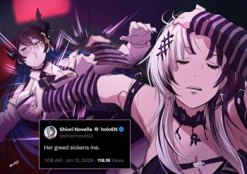 2girls adjusting_hair asymmetrical_horns black_arm_warmers black_hair blue_hair breasts colored_inner_hair commentary demon_horns english_commentary grey_hair hair_slicked_back highres hololive hololive_english horns jujutsu_kaisen kivo large_breasts long_hair meme mole mole_under_eye multicolored_hair multiple_girls naoya_hitting_choso_without_looking_(meme) nerissa_ravencroft o3o scene_reference shiori_novella split-color_hair striped_arm_warmers tweet twitter two-tone_hair uneven_horns very_long_hair virtual_youtuber