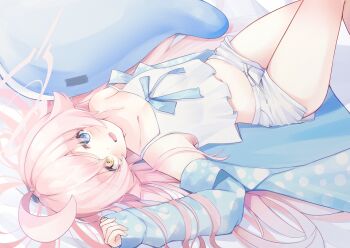 1girl absurdres ahoge aqua_bow aqua_jacket blue_archive blue_eyes blush bow camisole halo heterochromia highres hoshino_(blue_archive) hoshino_(swimsuit)_(blue_archive) inflatable_toy inflatable_whale jacket knees_up long_hair looking_at_viewer lying navel nekoratte open_clothes open_jacket open_mouth pink_hair pink_halo short_shorts shorts sleeves_past_wrists solo turning_head white_camisole white_shorts yellow_eyes