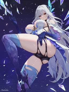 1girl ai-assisted artist_name ass black_shorts blue_thighhighs breasts commentary crystal_shards dress earrings elbow_gloves english_commentary from_below genshin_impact gloves high_heels highres jewelry large_breasts long_hair moetsukita paid_reward_available purple_eyes purple_gloves shorts skirk_(genshin_impact) sky solo star_(sky) starry_sky thighhighs torn_clothes torn_shorts very_long_hair white_dress white_hair