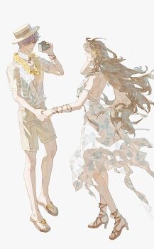 1boy 1girl bare_shoulders brown_hair camera chaoxibumian couple dress floral_print floral_print_dress flower flower_necklace full_body grey_shorts hair_flower hair_ornament hand_in_own_hair hat hawaiian_shirt hetero high_heel_sandals highres holding holding_camera holding_hands jewelry lei long_dress long_hair looking_at_another love_and_deepspace necklace open_mouth print_dress print_shirt protagonist_(love_and_deepspace) purple_hair rafayel_(love_and_deepspace) sandals shirt short_hair short_sleeves shorts smile sundress taking_picture white_background white_hat