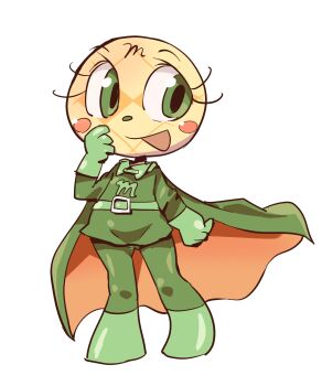 1girl anpanman blush blush_stickers bodysuit boots bread cape facial_mark food forehead_mark gloves green_bodysuit green_boots green_cape green_eyes green_gloves green_skirt green_theme highres k-nattoh looking_to_the_side melon_bread melonpanna open_mouth orange_cape skirt smile standing superhero_costume two-sided_cape two-sided_fabric two-tone_cape white_background