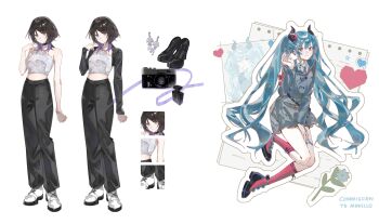 2girls absurdres black_hair black_pants black_shoes black_shrug blue_hair boots bottle camera closed_mouth colored_tips commentary commission crop_top demon_girl demon_horns english_commentary grey_eyes grey_jacket grey_skirt hatsune_miku heart heart-shaped_pupils high_heels highres horns jacket long_hair long_sleeves looking_at_viewer medium_hair midriff multicolored_hair multiple_girls original pants perfume_bottle pink_boots pyyuu red_eyes shoes shrug_(clothing) simple_background skirt smile symbol-shaped_pupils very_long_hair vgen_commission vocaloid