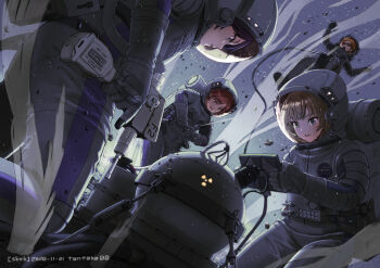 4girls black-framed_eyewear blue_eyes brown_eyes brown_hair closed_eyes commission glasses gloves green_eyes heterochromia holding kneeling multiple_girls open_mouth original purple_hair radiation_symbol skeb_commission spacesuit sweat tantaka white_gloves
