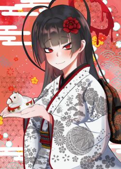 Rule 34 | 1girl, 2026, absurdres, ahoge, black hair, blood, blood halo, blue archive, breasts, commentary request, floral print, flower, hair flower, hair ornament, halo, happy new year, highres, holding, japanese clothes, kimono, large breasts, liquid halo, long hair, long sleeves, looking at viewer, new year, red eyes, red halo, sabo10 fighter, smile, solo, tsurugi (blue archive), wide sleeves