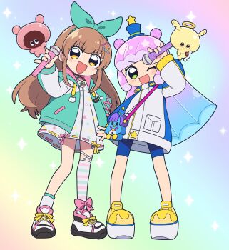 Rule 34 | 2girls, absurdres, airun, angelrun, animal ornament, anime coloring, aqua bag, aqua hair, arm at side, arrow (projectile), artist request, asymmetrical legwear, bag, bike shorts, blonde hair, blue bike shorts, blue hat, blue shorts, blue sleeves, blunt bangs, blunt ends, blunt sidelocks, blush, bow, bow (weapon), bow legwear, brown hair, cat ornament, creature, criss-cross halter, cross-laced clothes, cross-laced legwear, cross-laced sleeves, dog ornament, dot nose, double bun, drawstring, dress, eyelashes, facing viewer, footwear ribbon, full body, gradient background, gradient hair, green eyes, green hairband, green hood, green jacket, green sleeves, hair bun, hair ornament, hairband, hairclip, half updo, halo, halter dress, halterneck, hat, hat ornament, head tilt, heart, heart arrow, highres, holding, holding microphone, hood, hooded jacket, horizontal-striped clothes, horizontal-striped thighhighs, indie utaite, indie virtual youtuber, jacket, legs apart, long hair, long sidelocks, looking at viewer, microphone, mini hat, mini top hat, monster girl, multicolored hair, multiple girls, nanahira, official art, official style, open clothes, open hand, open jacket, penguin bag, pink bow, pink hair, pink ribbon, platform shoes, pocket, print dress, print jacket, puniru (puniru wa kawaii slime), puniru wa kawaii slime, punirunes, purple hair, ribbon, ribbon-trimmed skirt, ribbon trim, second-party source, shoes, shorts, shoulder bag, side-by-side, sidelocks, simple background, single thighhigh, sleeve cuffs, slime (substance), slime girl, slime hair, smile, sneakers, socks, sparkle background, standing, star (symbol), star hat ornament, star ornament, star print, starry hair, straight hair, thighhighs, toggles, top hat, traditional halo, turtleneck, turtleneck jacket, two-sided hood, two-tone hair, two-tone sleeves, v-shaped eyebrows, very long hair, waving, weapon, white dress, white jacket, white shoes, white sleeves, white socks, white thighhighs, x hair ornament, yellow halo, yellow ribbon, yellow shoes