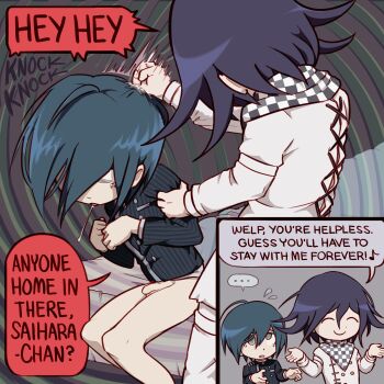 2boys bottomless danganronpa_(series) danganronpa_v3:_killing_harmony deformed drooling eyelashes flaccid highres hitting homunculus100 jitome male_focus motion_lines multiple_boys non-web_source oma_kokichi pale_skin saihara_shuichi sanpaku sitting smile speech_bubble speed_lines testicles yaoi