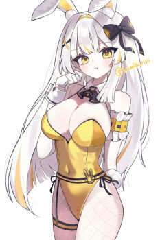 Rule 34 | 1girl, black survival, breasts, eternal return: black survival, hair between eyes, highres, large breasts, leotard, long hair, looking at viewer, lumia riri, minami rio, minami rio (winning shot), pantyhose, simple background, solo, thighs, white background, white hair, yellow eyes, yellow leotard