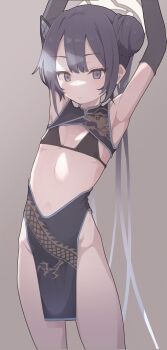1girl absurdres armpits arms_up bare_legs black_hair blue_archive blush butterfly_hair_ornament chinese_clothes clothing_cutout cowboy_shot double_bun dragon_print expressionless flat_chest grey_eyes groin hair_bun hair_ornament halo highres kisaki_(blue_archive) loli looking_at_viewer pelvic_curtain s10021 solo