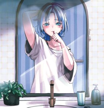 Rule 34 | 1girl, arm up, blue eyes, blue hair, bra strap, brushing teeth, faucet, hiodoshi ao, holding, holding toothbrush, hololive, hololive dev is, medium hair, mirror, plant, potted plant, reflection, reflection focus, reina noi, shirt, sink, solo, toothbrush, virtual youtuber, white shirt, wolf cut