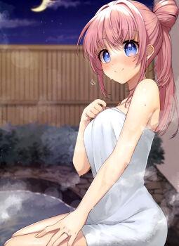 Rule 34 | 1girl, absurdres, armpit crease, bare arms, blue eyes, blush, breasts, bush, closed mouth, collarbone, cowboy shot, crescent moon, dengeki moeoh, flying sweatdrops, hair bun, hand on own chest, highres, jewelry, long hair, looking at viewer, magazine scan, medium breasts, moon, naked towel, night, onsen, original, outdoors, pink hair, raised eyebrows, ring, ryura (negi-mamire), scan, shiny skin, sidelocks, sitting, smile, solo, steam, third-party source, towel, water, wedding ring, wet, wooden wall