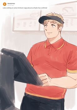 1boy absurdres alternate_body_size bara belly blonde_hair cashier cowboy_shot dungeon_meshi employee_uniform highres laios_touden male_focus nifast_(greentail) plump request_inset short_hair solo standing