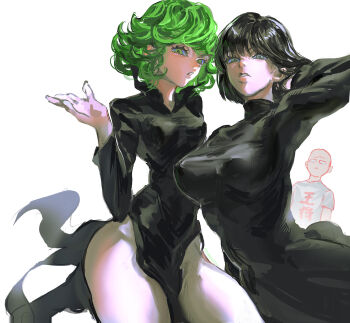1boy 2girls absurdres bald black_dress black_hair breasts commentary_request dress fubuki_(one-punch_man) green_eyes green_hair highres large_breasts multiple_girls narrow_waist one-punch_man saitama_(one-punch_man) shirt siblings simple_background sisters small_breasts t-shirt tatsumaki turtleneck turtleneck_dress uu0000322 white_background