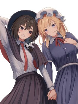 2girls :d arm_behind_head arm_up black_capelet black_eyes black_hat black_skirt blonde_hair bow breasts brown_hair buttons capelet closed_mouth collared_dress collared_shirt commentary contrast_collar cowboy_shot dress fumei_(mugendai) grin hair_bow hand_on_own_chest hat highres holding_hands interlocked_fingers long_sleeves maribel_hearn medium_breasts medium_hair mob_cap multiple_girls necktie open_mouth purple_dress purple_eyes red_necktie red_ribbon ribbon shirt shirt_tucked_in simple_background skirt smile touhou usami_renko white_background white_bow white_hat white_shirt yuri
