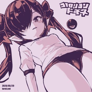1girl backbeako_(torotei) backbeard blush breasts buruma commentary cowboy_shot dated dated_commentary dutch_angle gegege_no_kitarou gym_shirt gym_uniform hair_over_one_eye hair_ribbon kono_lolicon_domome long_hair looking_at_viewer monochrome one_eye_closed original paid_reward_available parted_lips pink_background pink_theme pointy_ears ribbon shirt short_sleeves simple_background small_breasts solo thighs torotei translated twintails very_long_hair watermark web_address