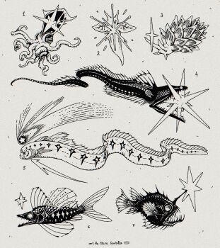 anglerfish animal_focus artist_name blank_eyes clarascintilla commentary deep_sea eel english_commentary fangs fish full_body grey_background gulper_eel highres monochrome no_humans numbered oarfish open_mouth original sea_angel sea_slug shooting_star squid star_(symbol) surreal