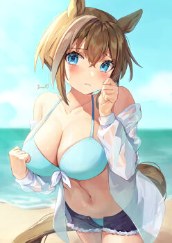 Rule 34 | 1girl, absurdres, animal ears, bare shoulders, beach, bikini, blue bikini, blue eyes, blue shorts, blue sky, blush, breasts, brown hair, cheval grand (umamusume), cleavage, closed mouth, collarbone, commentary request, denim, denim shorts, hair between eyes, highres, horse ears, horse girl, horse tail, jacket, large breasts, long sleeves, looking at viewer, multicolored hair, navel, ocean, open clothes, open jacket, outdoors, see-through clothes, see-through jacket, shorts, sky, solo, stomach, streaked hair, swimsuit, tail, umamusume, water, white hair, yoru usagi