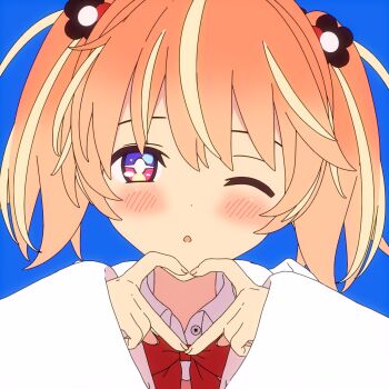 +_+ 1girl 3d artist_request blender_(medium) blonde_hair blue_background blush bow bowtie bright_pupils cel_rendering collared_shirt commentary_request dot_nose expressionless flower hair_flower hair_ornament hands_up heart heart_hands highres hood hood_down hoodie long_sleeves looking_at_viewer medium_hair multicolored_eyes multicolored_hair one_eye_closed orange_hair parted_lips pink_eyes portrait purple_eyes red_bow red_bowtie rinne_(rinrinne) rinrinne shirt simple_background sleeves_past_wrists solo straight-on streaked_hair two_side_up virtual_youtuber white_hoodie white_pupils white_shirt wide_sleeves