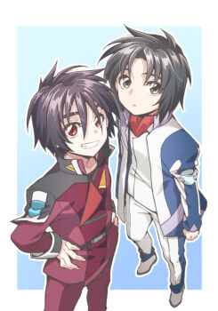 2boys alvis_uniform ascot black_hair brown_eyes commentary_request crossover grin gundam gundam_seed gundam_seed_destiny hair_between_eyes hands_on_own_hips jacket looking_at_viewer makabe_kazuki male_focus multiple_boys nagi_(exsit00) open_clothes open_jacket outline pants red_ascot red_hair red_jacket red_pants shinn_asuka short_sleeves smile soukyuu_no_fafner white_pants zaft_uniform