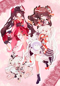>_< 4girls absurdres bare_shoulders bell black_boots black_bow black_bowtie black_choker black_gloves black_hair black_hat black_sash blush boots bow bowtie braid chibi choker circle_facial_mark commentary_request criss-cross_halter diamond_(shape) diamond_facial_mark dress facial_mark finger_to_face finger_to_mouth finger_to_own_chin fireworks flower_tattoo fox_mask frilled_skirt frills gloves grey_hair hair_bell hair_ornament hair_ribbon halterneck hat hat_ornament heart heart_facial_mark highres honkai:_star_rail honkai_(series) hugging_object japanese_clothes long_hair looking_at_viewer mark_under_both_eyes mask mask_on_head multicolored_hair multiple_girls neck_bell one_eye_closed open_mouth pink_background pink_eyes plaid_background plaid_clothes plaid_sleeves rabbit_hat_ornament red_dress red_hair red_sleeves red_streaks ribbon sandals sash single_glove skirt smile sparkle_(honkai:_star_rail) sparxie_(honkai:_star_rail) standing standing_on_one_leg streaked_hair tattoo thigh_strap tongue tongue_out twintails white_hair white_skirt yuyu_shiki07 zouri