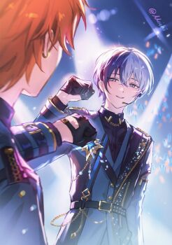 2boys aoyagi_touya belt black_gloves chain earrings gloves gold_chain grey_eyes highres jewelry long_sleeves looking_at_another microphone moeki_(moeki06144889) multicolored_hair multiple_boys orange_hair project_sekai shinonome_akito single_earring stage_lights watermark