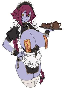 1girl apron braid breasts breasts_out china_dress chinese_clothes closed_mouth cup dress fingernails flat_color frills highres holding holding_plate houtengeki jiangshi jiangshi_(houtengeki) kettle kneehighs large_breasts long_fingernails looking_to_the_side maid maid_headdress no_bra ofuda ofuda_on_nipples original panties pasties plate red_hair simple_background socks solo string_panties tea teacup underwear white_background wrist_cuffs yellow_eyes yin_yang
