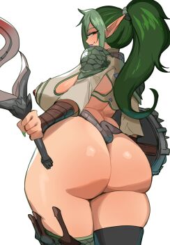 Rule 34 | 0lightsource, 1girl, absurdres, armor, ass, bikini armor, breasts, curvy, echidna (queen's blade), from behind, full body, green hair, green scales, highres, holding, holding shield, holding sword, holding weapon, huge breasts, lipstick, long hair, long pointy ears, looking at viewer, looking back, makeup, mismatched thighhighs, pointy ears, ponytail, purple lips, queen's blade, red eyes, revealing clothes, shield, smile, smirk, solo, spiked shield, sword, thick thighs, thighs, weapon, wide hips