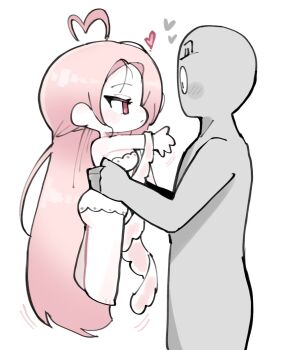 1boy 1girl absurdly_long_hair ahoge armpit_hold ass bare_legs blush_stickers carrying carrying_person chibi closed_mouth commentary_request feet fewer_digits from_side full_body heart height_difference highres leader_(trickcal) lingerie long_hair negligee oligogi_meoggosipda pink_hair profile red_eyes selene_(trickcal) simple_background standing toes trickcal underwear very_long_hair white_background white_negligee