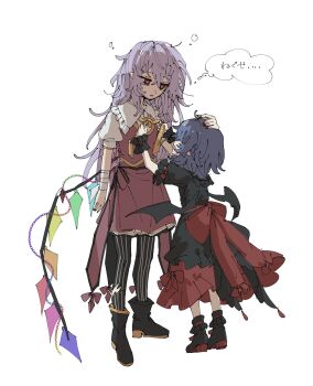 2girls adapted_costume adjusting_another&#039;s_clothes aged_down alternate_color alternate_hair_color back_bow bandaged_arm bandages bat_wings black_boots black_pantyhose black_shirt black_skirt blue_hair boots bow child collared_shirt commentary_request crystal crystal_wings flandre_scarlet flandre_scarlet_(vampire_pursuing_the_hunter) frilled_shirt_collar frills headpat height_difference highres hua88331 multicolored_wings multiple_girls no_headwear pantyhose pointy_ears purple_hair red_bow red_eyes red_nails red_skirt red_vest remilia_scarlet remilia_scarlet_(tiny_devil_mistress) shirt siblings sisters skirt sleepy speech_bubble thought_bubble torn_clothes torn_pantyhose touhou touhou_lostword translation_request tying_bowtie vest white_shirt wings