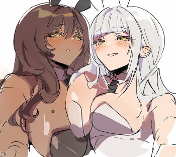 Rule 34 | 2girls, 777 (nikke), animal ear headwear, animal ears, backless leotard, black bow, black bowtie, black leotard, blanc (nikke), bow, bowtie, dark-skinned female, dark skin, detached collar, fake animal ears, goddess of victory: nikke, highres, leotard, mimlmi, multiple girls, noir (nikke), playboy bunny, rabbit ears, simple background, strapless, strapless leotard, white background, white leotard