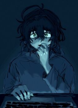 1boy black_hair computer degrees_of_lewdity green_eyes grey_hoodie hair_between_eyes highres hood hoodie kylar_(degrees_of_lewdity) kylar_(male)_(degrees_of_lewdity) laptop looking_at_viewer messy_hair short_hair snjnpr solo