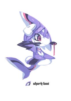 1girl 2018 absurdres anchor biting breasts chibi chibikemo colored_skin electric_hearts fins fish_tail floating furry furry_female head_fins headgear highres krita_(medium) lifebuoy looking_ahead mascot medium_breasts non-web_source original pink_eyes purple_hair purple_skin shark shark_girl shark_tail signature simple_background swim_ring tail tsurime tyson_tan