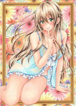 1girl absurdres aqua_panties arm_support babydoll blush border breasts brown_border brown_hair cleavage closed_mouth collarbone commentary finger_to_mouth floral_background full_body green_eyes hair_between_eyes hand_up highres index_finger_raised large_breasts long_bangs long_hair looking_at_viewer marker_(medium) midori_(mira567) navel no_pants original outside_border panties see-through_babydoll see-through_clothes shushing sitting smile solo traditional_media underwear white_babydoll
