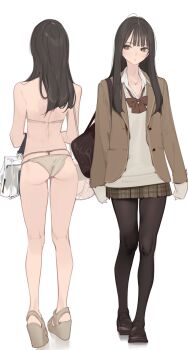 Rule 34 | 1girl, ama mitsuki, ass, back, bag, bikini, black pantyhose, blazer, brown bikini, brown cardigan, brown eyes, brown hair, brown shoes, brown skirt, cardigan, commentary request, elbow carry, handbag, highres, jacket, jewelry, kneepits, loafers, long hair, necklace, original, pantyhose, plaid clothes, plaid skirt, platform sandals, pleated skirt, sandals, school uniform, shoes, shoulder blades, skirt, sleeves past wrists, standing, swimsuit