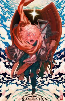 1boy absurdres backpack bag bedroll black_footwear blonde_hair blue_eyes blue_sky brown_bag cloud cloudy_sky coat dahui_wang door film_grain fork grey_coat hair_between_eyes highres male_focus open_clothes open_coat open_door open_mouth original patchwork_clothes red_scarf scarf scroll shovel signature sky solo spoon surprised teeth tongue wide-eyed