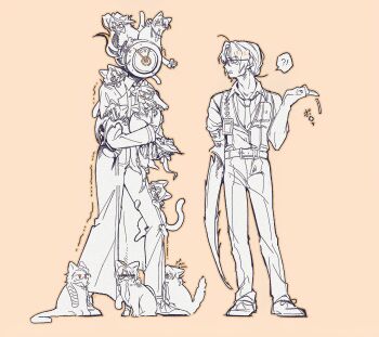 Rule 34 | !, !?, 1other, 6+boys, :3, ?, absurdres, ahoge, alternate costume, amputee, angry, animal, animal ears, animal on head, animal on shoulder, animalization, antennae, arthropod limbs, bags under eyes, bandage on face, bandage over one eye, bandaged arm, bandaged head, bandaged leg, bandaged tail, bandages, beard stubble, belt, between fingers, bow, branch, breast pocket, brown belt, buckle, bygone days (e.g.o), carrying, cat, cat boy, cat ears, cat tail, cigarette, clock, closed eyes, closed mouth, clothed animal, coat, collared shirt, dante (limbus company), detached collar, dngrumauma, dropped object, dropping, e.g.o (project moon), ears down, ears through headwear, eyepatch, facial hair, fire, formal clothes, full body, g corp. (identity) (project moon), glasses, gloves, gregor (project moon), greyscale, hair bow, hair bun, hair intakes, hair ribbon, hair slicked back, half-closed eyes, hat, heishou pack-mao branch (identity) (project moon), high collar, highres, holding, holding animal, holding cat, hook, hook hand, id card, jingasa, joints, kurokumo clan (identity) (project moon), la manchaland (identity) (project moon), lapels, limbus company, limited palette, liu association south uniform, long coat, long hair, long sleeves, looking at another, looking to the side, low ponytail, male focus, mechanical arms, monochrome, multiple boys, multiple persona, name tag, necktie, notched lapels, object head, official alternate costume, on head, one-eyed, one eye covered, open mouth, orange background, pants, parted bangs, photoshop (medium), pinstripe pattern, pirate hat, pocket, ponytail, pouch, project moon, prosthesis, prosthetic arm, prosthetic head, purple eyes, r.b. (identity) (project moon), red eyes, ribbon, rosespanner workshop (identity) (project moon), scale print, scarf, semi-rimless eyewear, shirt, shoes, short hair, simple background, single glove, single mechanical arm, sitting, sleeves rolled up, smile, smoking, speech bubble, spoken interrobang, spot color, standing, stole, strap, striped clothes, striped scarf, stubble, sunglasses, sweatdrop, tail, tail bow, tail ornament, tail ribbon, tailcoat, tinted eyewear, too many, trembling, twinhook pirates (identity) (project moon), under-rim eyewear, vest, weapon, wuthering heights (identity) (project moon), yellow eyes, zwei association south uniform