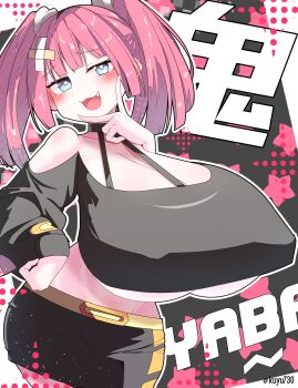 1girl backpack bad_tag bag black_shirt black_skirt blush breasts character_name coral_(pokemon) fang female_focus gigantic_breasts kuyu730 long_hair looking_at_viewer midriff miniskirt nintendo open_mouth outline pink_hair pokemon pokemon_(anime) pokemon_horizons polka_dot shiny_skin shirt shorts skirt smile solo standing underboob white_outline