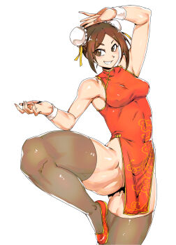 1girl bare_shoulders breasts brown_eyes brown_hair bun_cover china_dress chinese_clothes commentary covered_navel double_bun dress english_commentary gold_trim grey_thighhighs grin hair_bun highres looking_to_the_side medium_breasts minew orange_dress original parted_bangs pelvic_curtain short_hair smile solo thick_thighs thighhighs thighs wristband